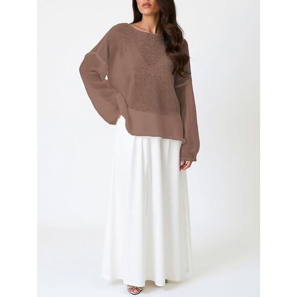 Womens Cocoa Brown Sheer Knit Minimalist Boho Bell Sleeve Oversized Sweater LRG - Picture 6 of 7